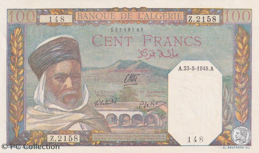 1945 Pick 85 100 Franc algérien 148 Unc billets afrique 1945 pick 85 100 franc algerien 148 unc