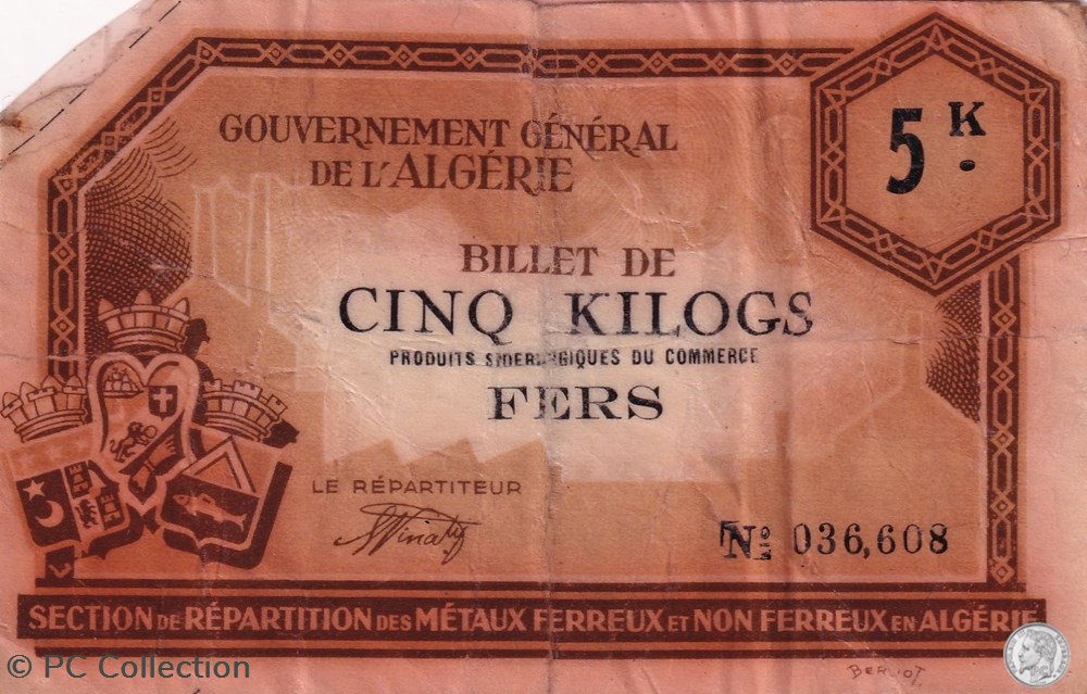* Bon 5 Kilogs Fers Gouvernement Général Algérie 1942 billets afrique bon 5 kilogs fers gouvernement general algerie 1942