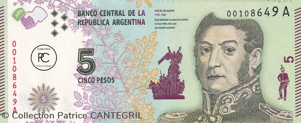 2015 Pick359a 5 $ - Peso argentin Unc billets amerique du sud argentine 2015 pick359a 5 peso argentin unc