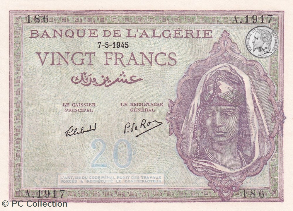 1945 Pick92b.3 20 Franc algérien 186 Unc billets afrique 1945 pick92b 3 20 franc algerien 186 unc