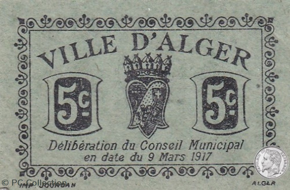 Ville d'Alger- 9/3/1917 5 Centimes Vert (1) billets afrique algerie ville alger 9 3 1917 5 centimes vert 1