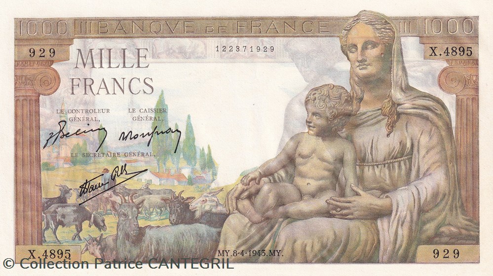 1000 Francs Déesse Demeter 8-4-1943 Neuf billets europe france 1000 francs deesse demeter 8 4 1943 neuf