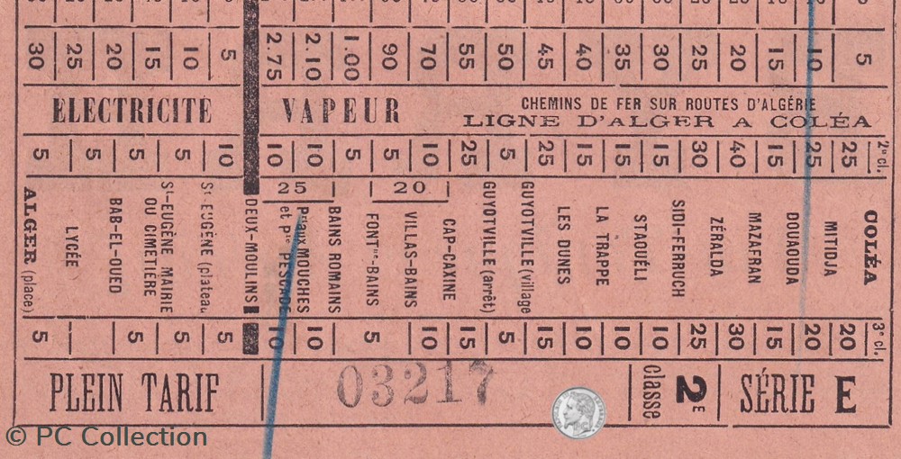 Ticket tramway d'Alger début XXe "Tramways / Chemins de Fer sur routes d'Algérie documents anciens titres transport ticket tramway alger debut xxe tramways chemins de fer sur routes algerie