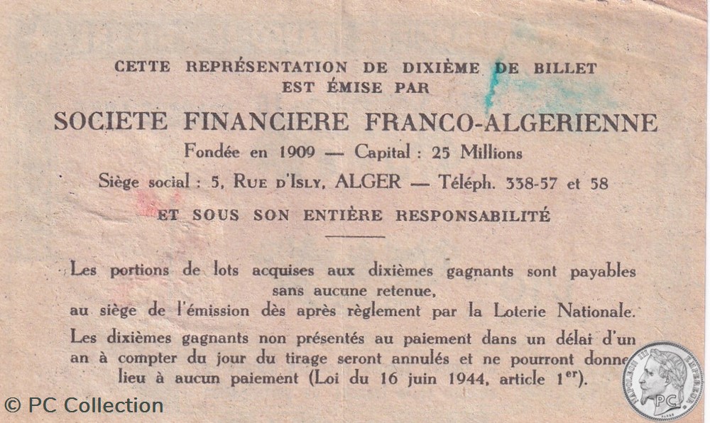 billets afrique societe financiere franco algerienne 1 10eme 15eme tranche 1960