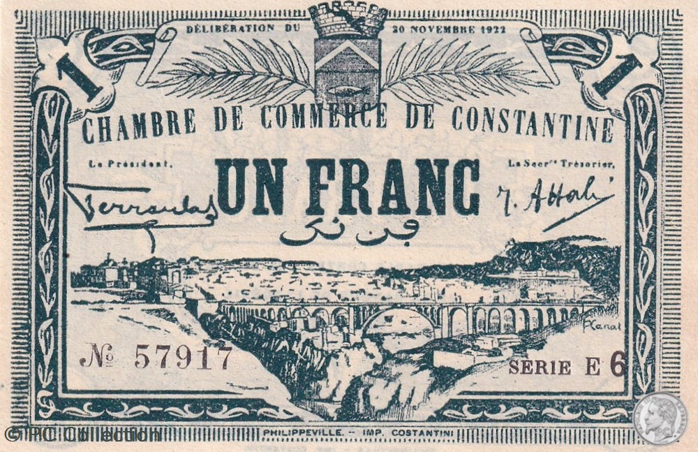 140-44- 20/11/1922 Constantine 1 Franc Cdc Séries E6 billets afrique algerie 140 44 20 11 1922 constantine 1 franc cdc series e6