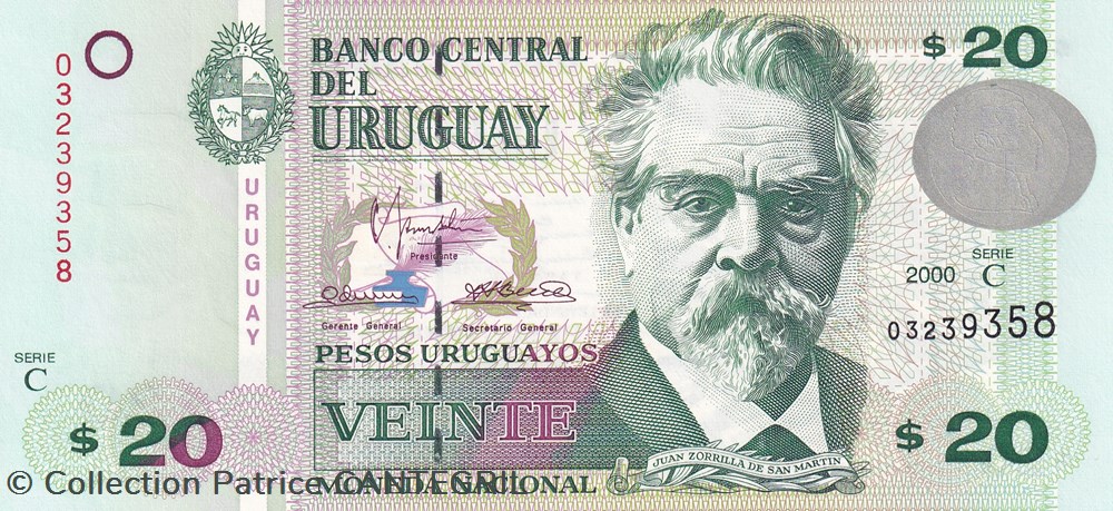 20 Pesos Uruguayos Banco Central del Uruguay 2000 Unc Pick 83 billets amerique du sud 20 pesos uruguayos banco central del uruguay 2000 unc pick 83
