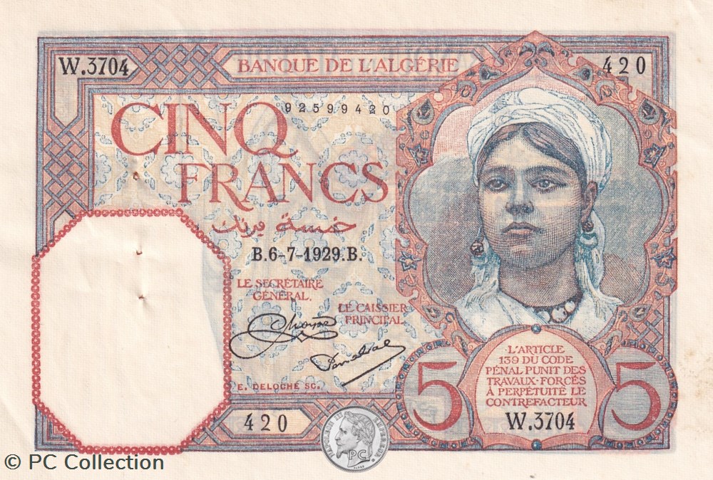 1929 Pick77a 5 Franc algérien Sup billets afrique 1929 pick77a 5 franc algerien sup