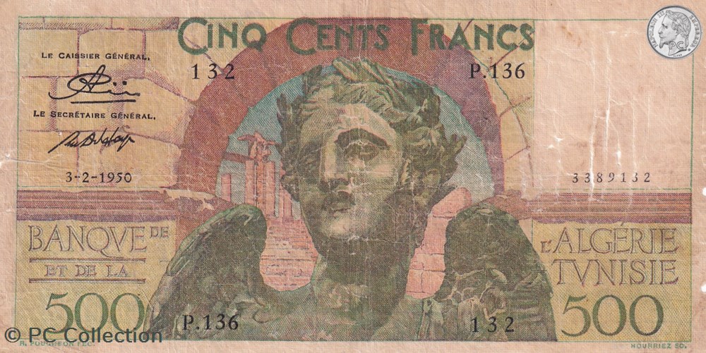 billets afrique 1950 pick28 500 francs banque de algerie tunisie