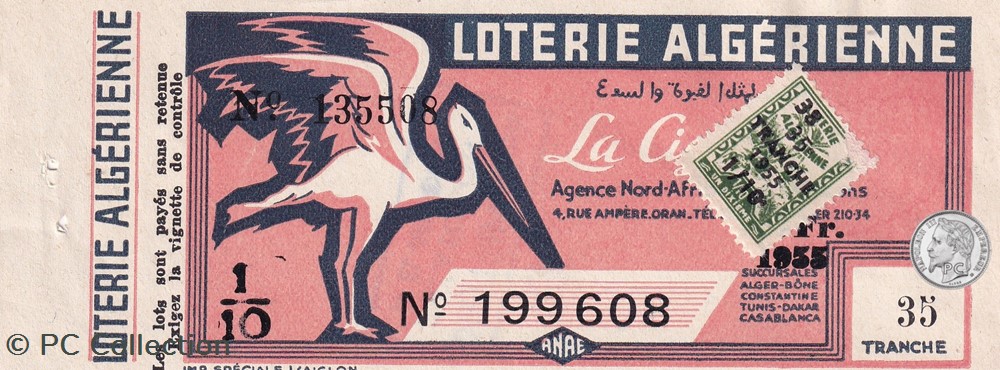 billets afrique loterie algerienne 1 10eme 35etranche 1955
