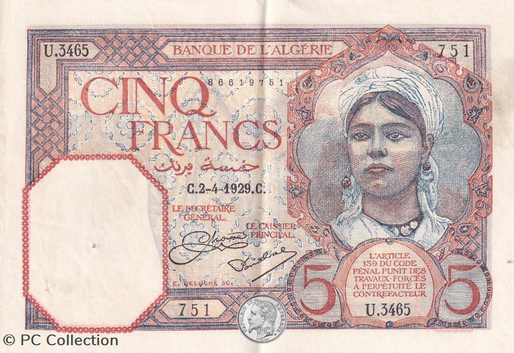 1929 Pick77a 5 Franc algérien Sup billets afrique 1929 pick77a 5 franc algerien sup