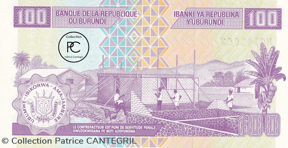 2011 Pick44b 100 FBu - Franc burundais Unc billets afrique burundi 2011 pick44b 100 fbu franc burundais unc