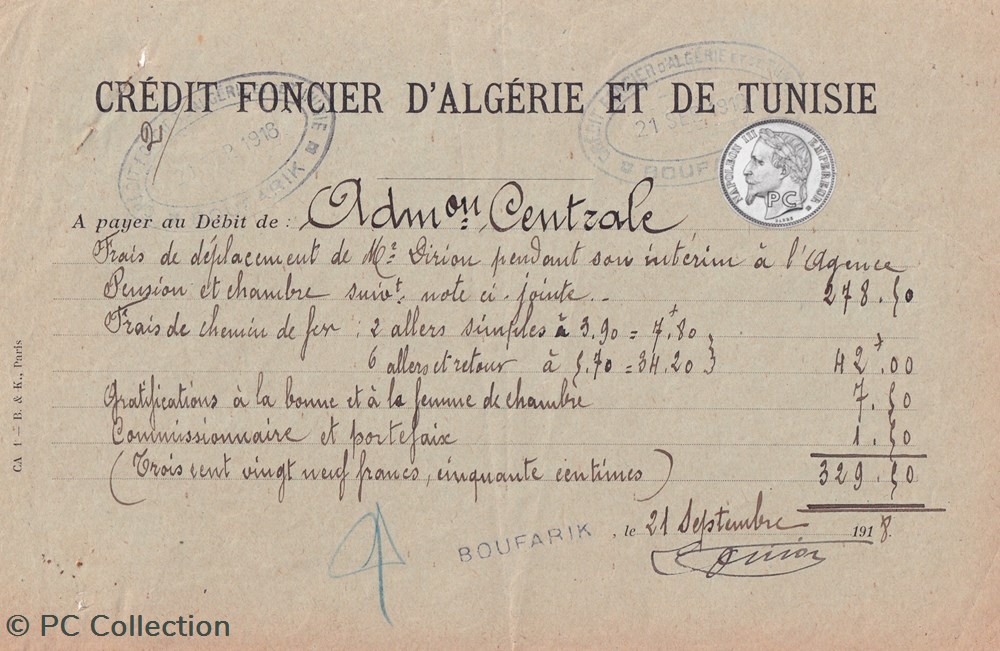Facture 1918 Crédit Foncier d'Algérie et Tunisie billets afrique facture 1918 credit foncier algerie et tunisie