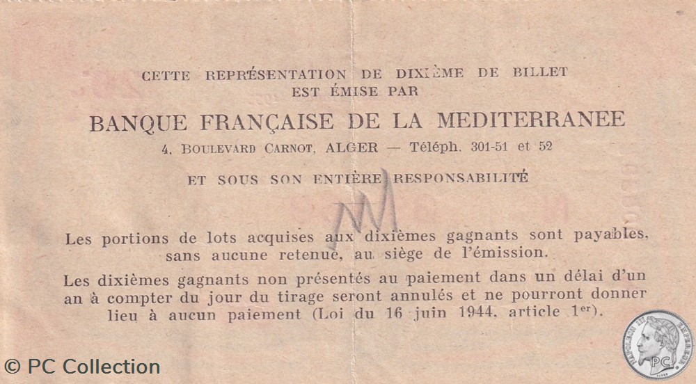 billets afrique loterie algerienne 1 10eme 20etranche 1955
