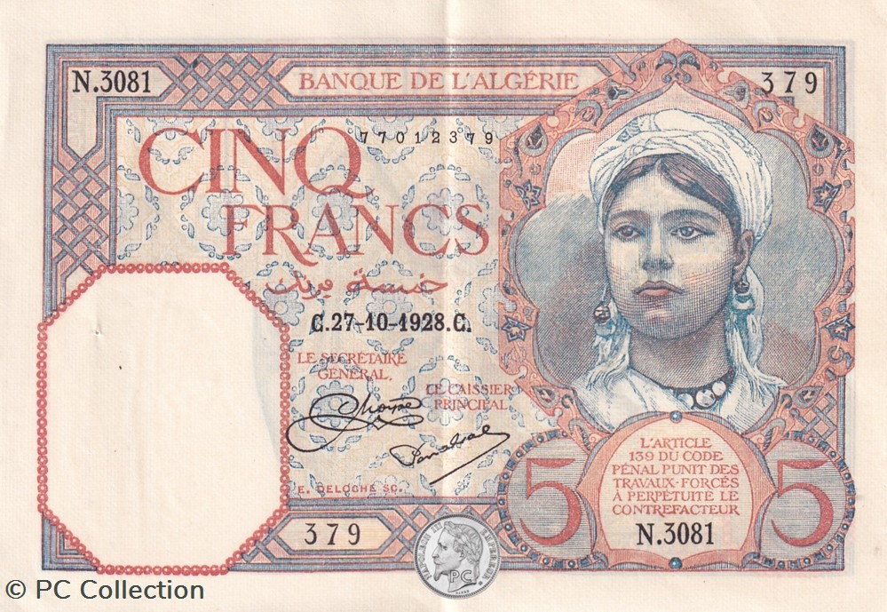 1928 Pick77a 5 Franc algérien Sup billets afrique 1928 pick77a 5 franc algerien sup