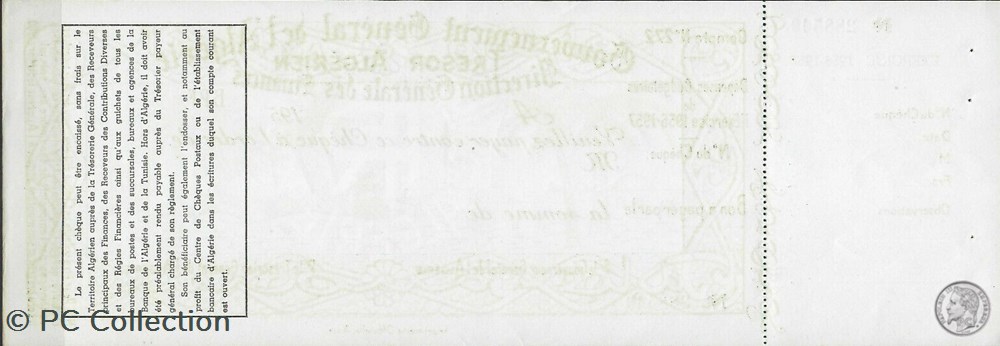 billets afrique tresor algerien cheque vierge avec souche exercice 1956 1957 tres bon etat