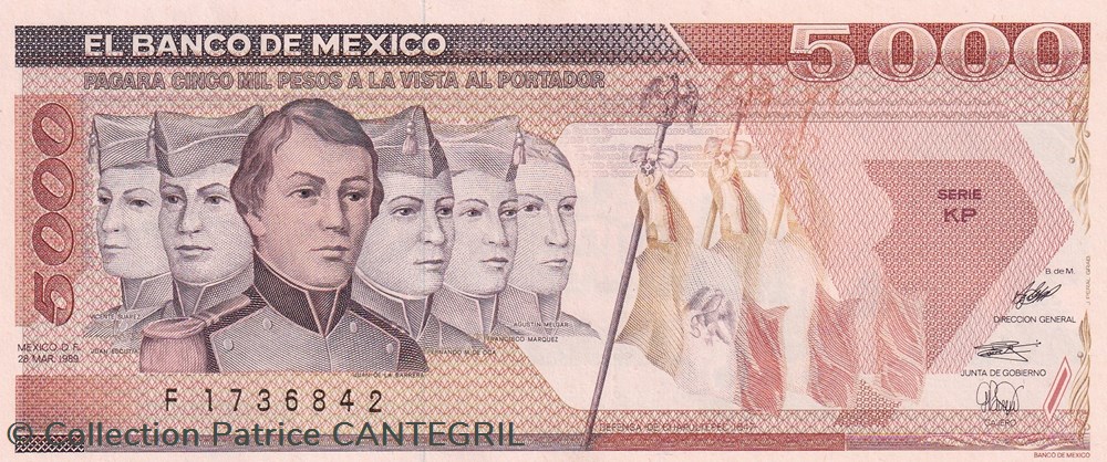billets amerique du nord mexique 1989 pick 88c serie kp 5 000 pesos banco de mexico unc