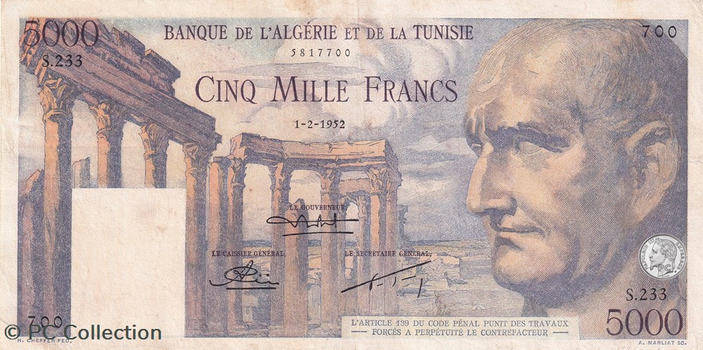 1952 5 000 F - Franc tunisien Pick30a.6 TTB billets afrique algerie 1952 5 000 f franc tunisien pick30a 6 ttb