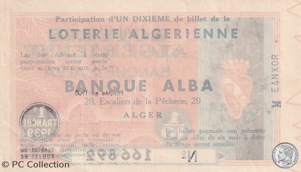 billets afrique loterie algerienne 1 10eme 1eretranche 1939