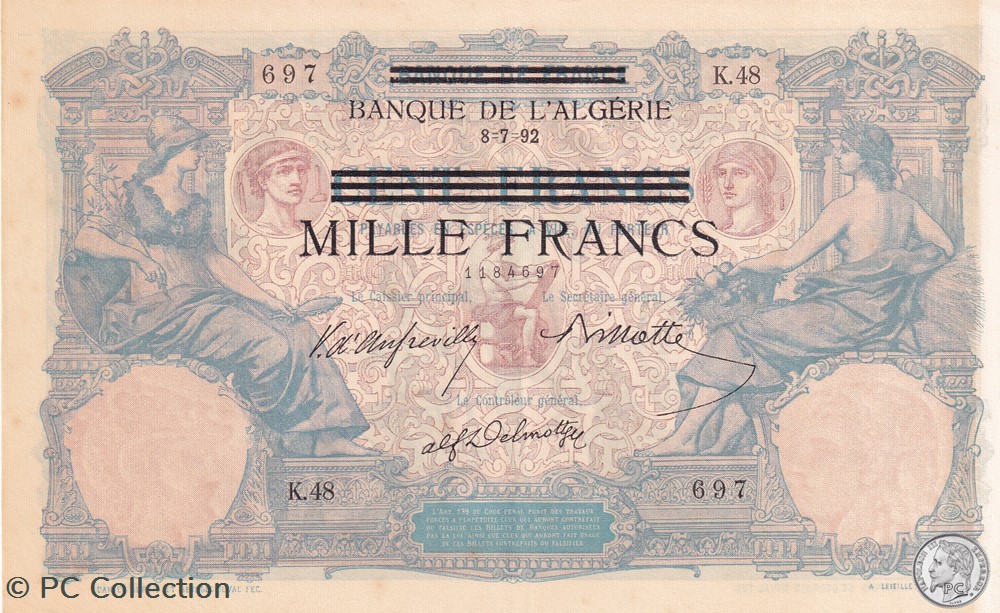 1942 Pick31 1 000 F - Franc tunisien 697 Aunc billets afrique algerie 1942 pick31 1 000 f franc tunisien 697 aunc