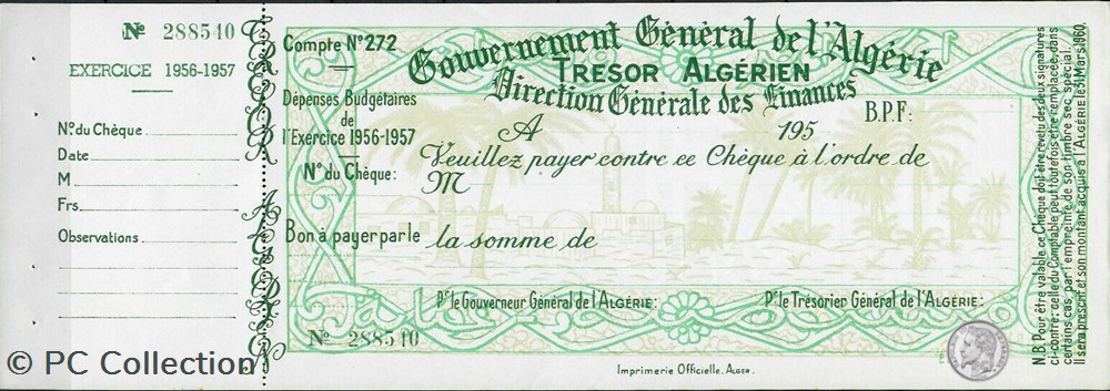 billets afrique tresor algerien cheque vierge avec souche exercice 1956 1957 tres bon etat