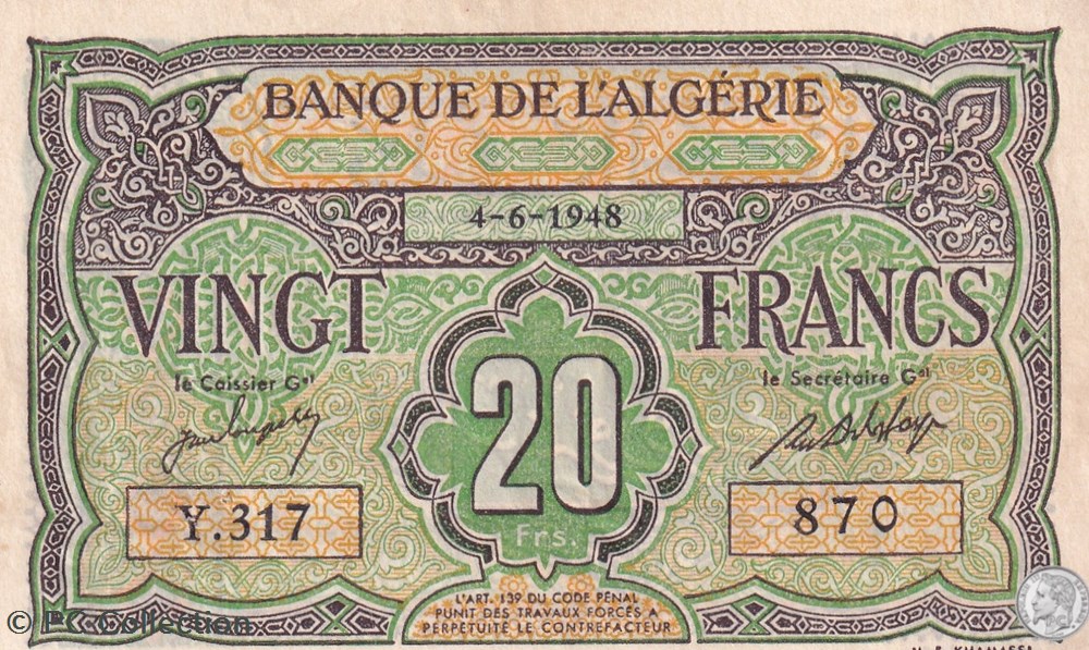 1948 Pick22a 20 Franc algérien 4-6-1948 Sup billets afrique 1948 pick22a 20 franc algerien 4 6 1948 sup