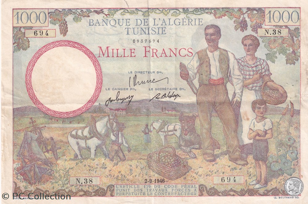 1946 Pick26.2 1 000 F - Franc tunisien TTB billets afrique algerie 1946 pick26 2 1 000 f franc tunisien ttb