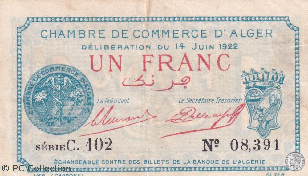 137-24-14/6/1922 Alger 1 Franc Cdc.(1) billets afrique algerie 137 24 14 6 1922 alger 1 franc cdc 1