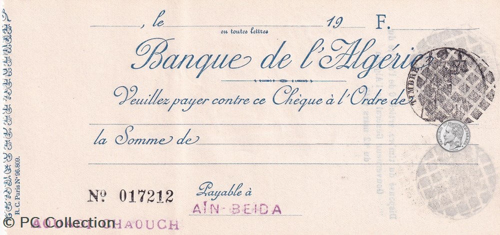 Très rare Chèque Banque Algérie avec filigrane LION billets afrique tres rare cheque banque algerie avec filigrane lion