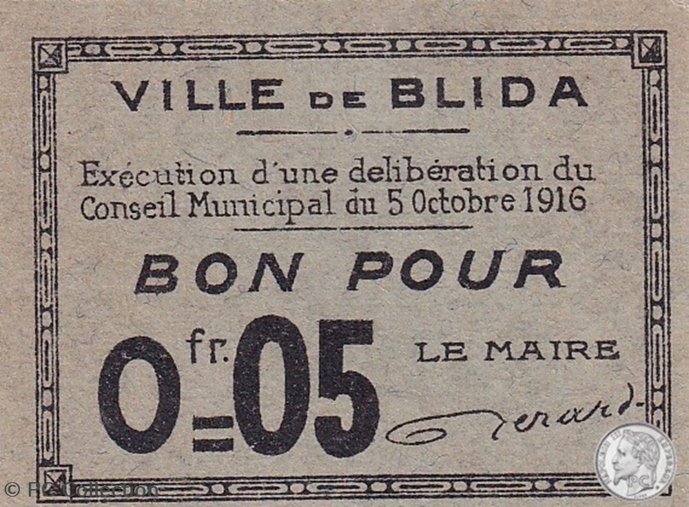 BLIDA 1 - Gris - 0,05 franc 1916 billets afrique algerie blida 1 gris 0 05 franc 1916