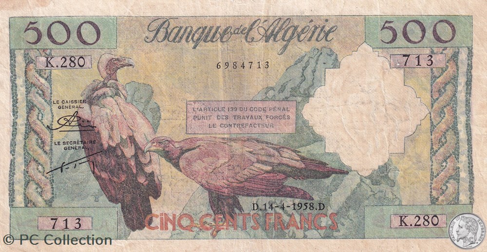 billets afrique 1958 pick117 500 francs banque de algerie ttb