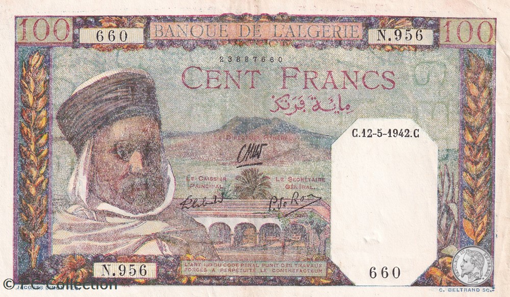 1942 Pick88 100 Franc algérien 660 Sup billets afrique 1942 pick88 100 franc algerien 660 sup