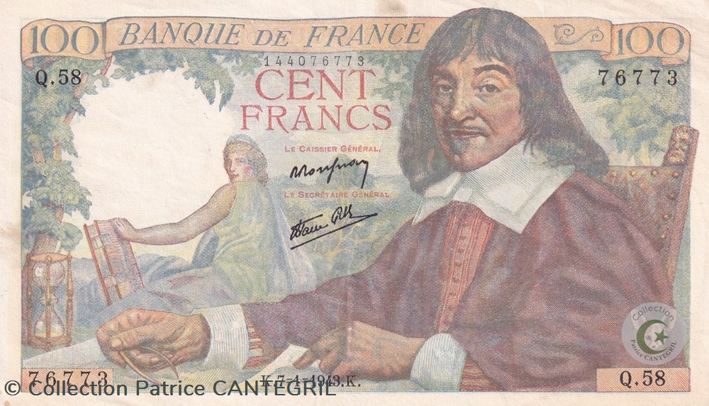 billets europe france 1943 pick 101b 100 francs descartes