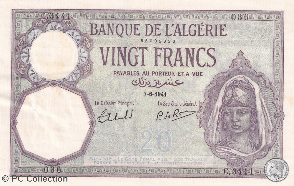 1941 Pick78c.2i 20 Franc algérien Spl 036 billets afrique 1941 pick78c 2i 20 franc algerien spl 036
