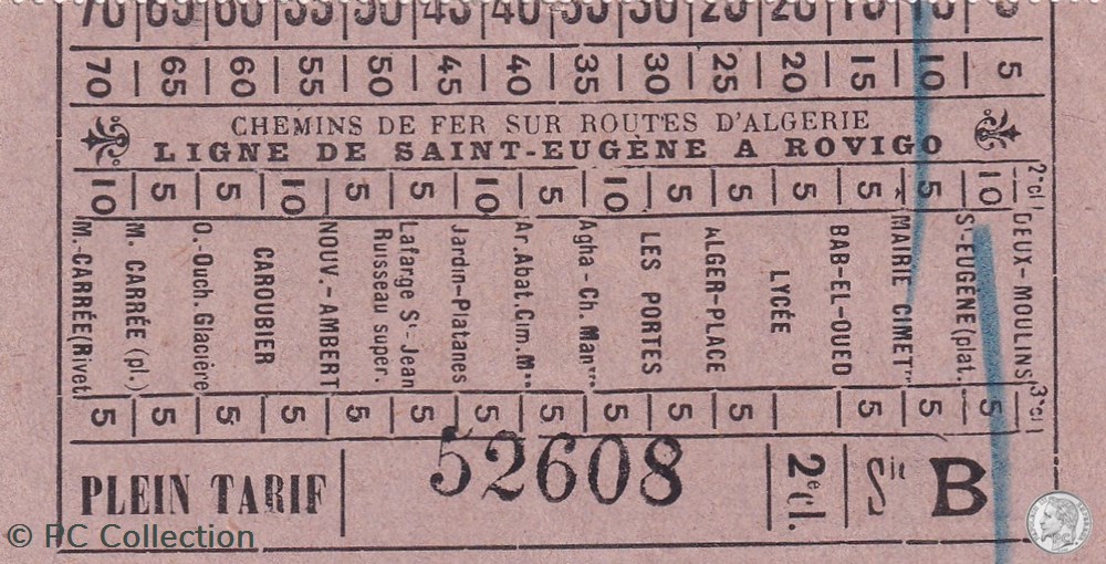 Ticket billet tramway d'Alger "Chemins de Fer sur routes d'Algérie / Ligne St Eugène à Rovigo" documents anciens titres transport ticket billet tramway alger chemins de fer sur routes algerie ligne st eugene a rovigo