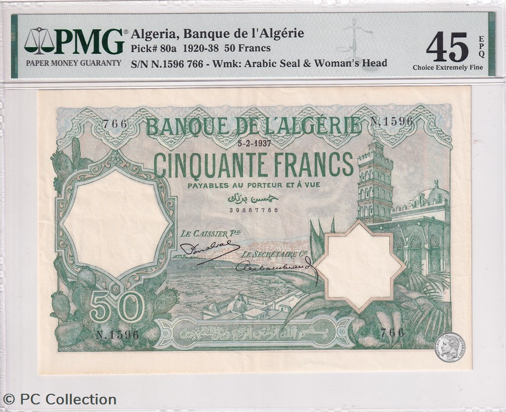 1937 Pick80 50 Franc algérien PMG 45 billets afrique 1937 pick80 50 franc algerien pmg 45