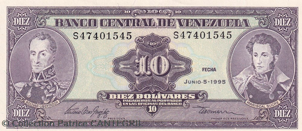 10 Bolívares Banco Central de Venezuela 05.06.1995 Unc Pick 61d billets amerique du sud 10 bolivares banco central de venezuela 05 06 1995 unc pick 61d