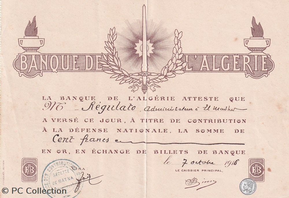Banque Algérie 1916 Versement 100 Francs Or Batna billets afrique banque algerie 1916 versement 100 francs or batna