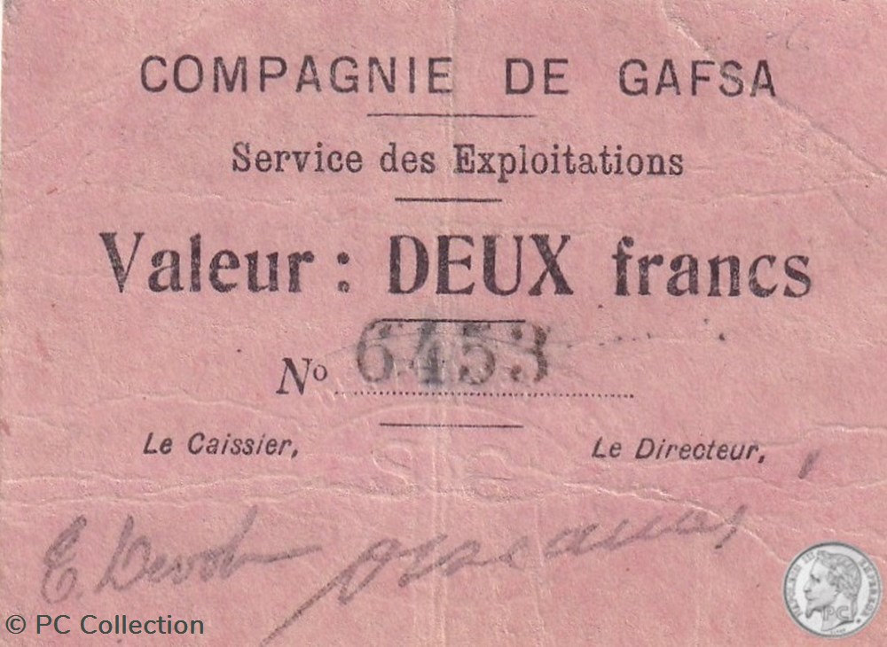 Compagnie de GAFSA 2 Francs 1916 billets afrique tunisie compagnie de gafsa 2 francs 1916