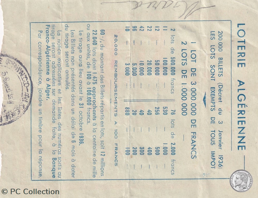 Banque Franco Algérienne 1/10éme 3 éme Tranche 1936 billets afrique banque franco algerienne 1 10eme 3 eme tranche 1936