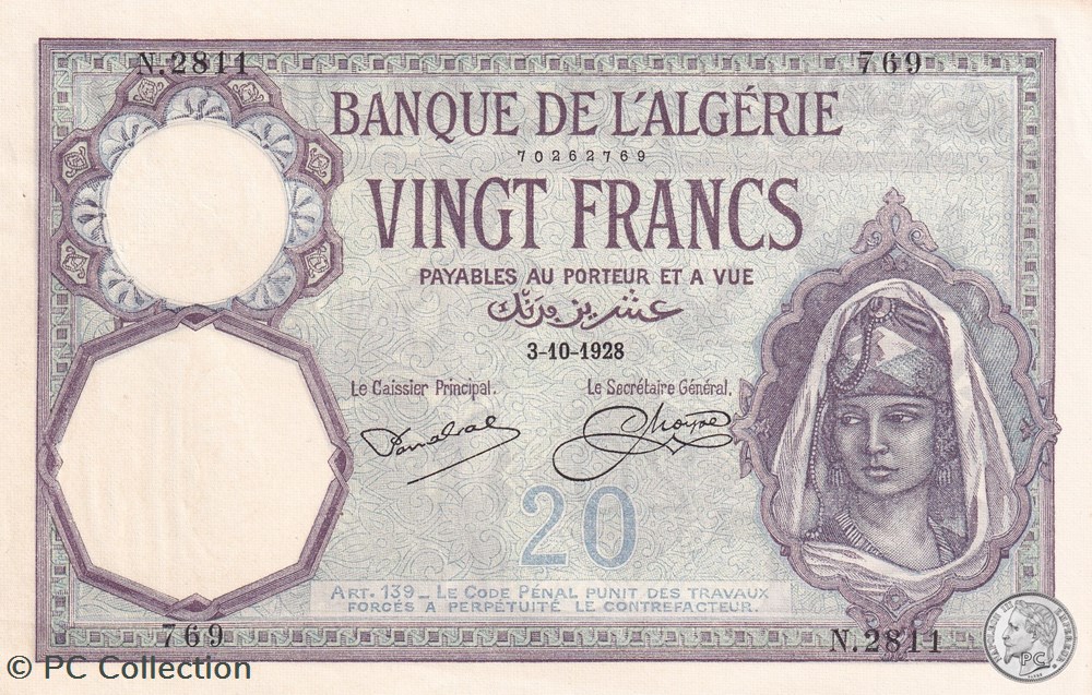 1928 Pick78b 20 Franc algérien 769 Spl billets afrique 1928 pick78b 20 franc algerien 769 spl