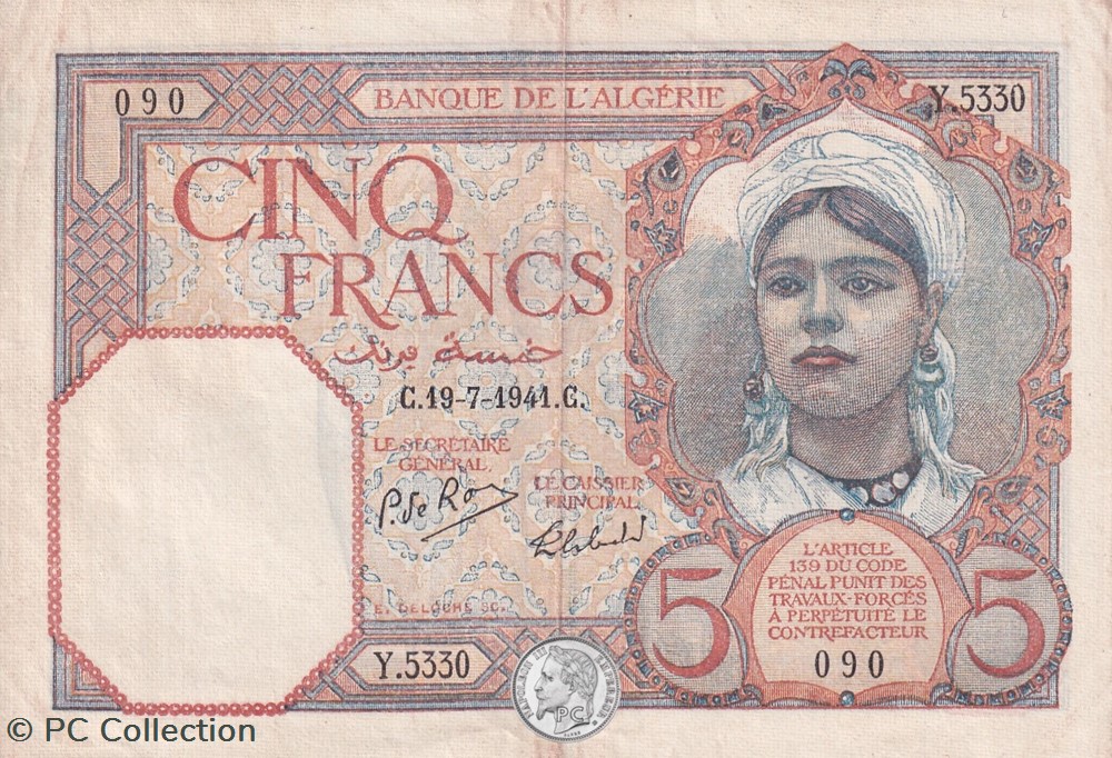 1941 Pick77b.1 Y.5330 5 Franc algérien TTB billets afrique 1941 pick77b 1 y 5330 5 franc algerien ttb