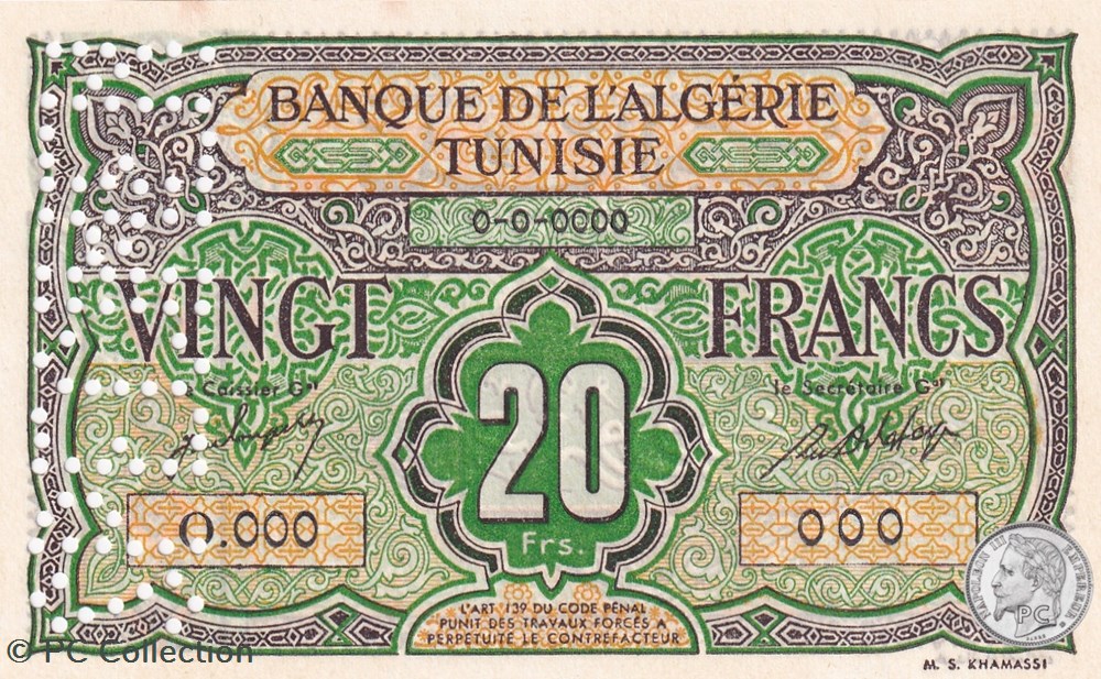 1948 Pick 22s 20 Francs Khamassi - Spécimen (3) billets afrique algerie 1948 pick 22s 20 francs khamassi specimen 3