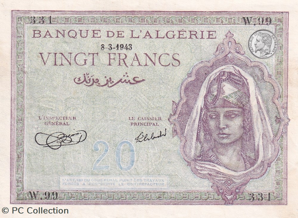 1943 Pick-92a 20 Franc algérien Unc billets afrique 1943 pick 92a 20 franc algerien unc