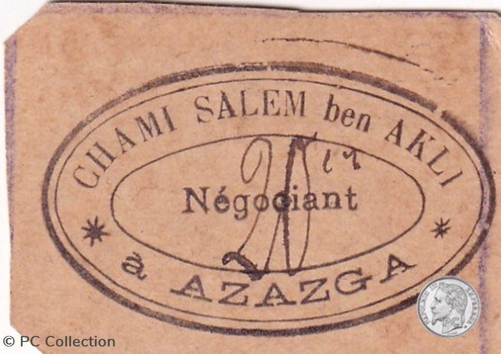 AZAZGA, CHAMI SALEM BEN AKLI 0,20(F) - 20 centimes carton Beige billets afrique algerie azazga chami salem ben akli 0 20 f 20 centimes carton beige