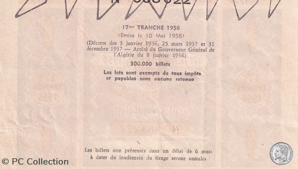 Loterie Algérienne 17éme Tranche 1956 billets afrique loterie algerienne 17eme tranche 1956
