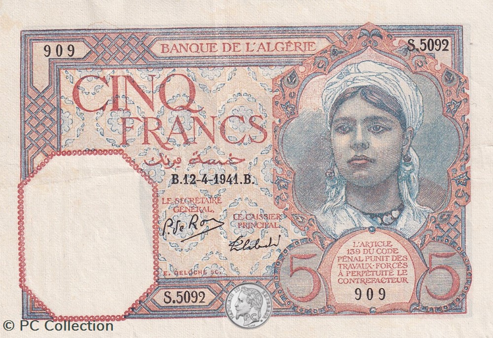 1941 Pick77b.1 5 francs Type 1924 « Numéros inversés » Sup billets afrique algerie 1941 pick77b 1 5 francs type 1924 numeros inverses sup