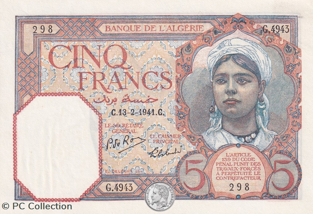 1941 Pick77b.1 5 francs Type 1924 « Numéros inversés » Unc billets afrique algerie 1941 pick77b 1 5 francs type 1924 numeros inverses unc