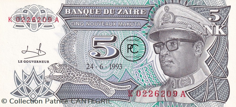 1993 Pick48a 5 K - Makuta zaïrois Unc billets afrique zaire 1993 pick48a 5 k makuta zairois unc
