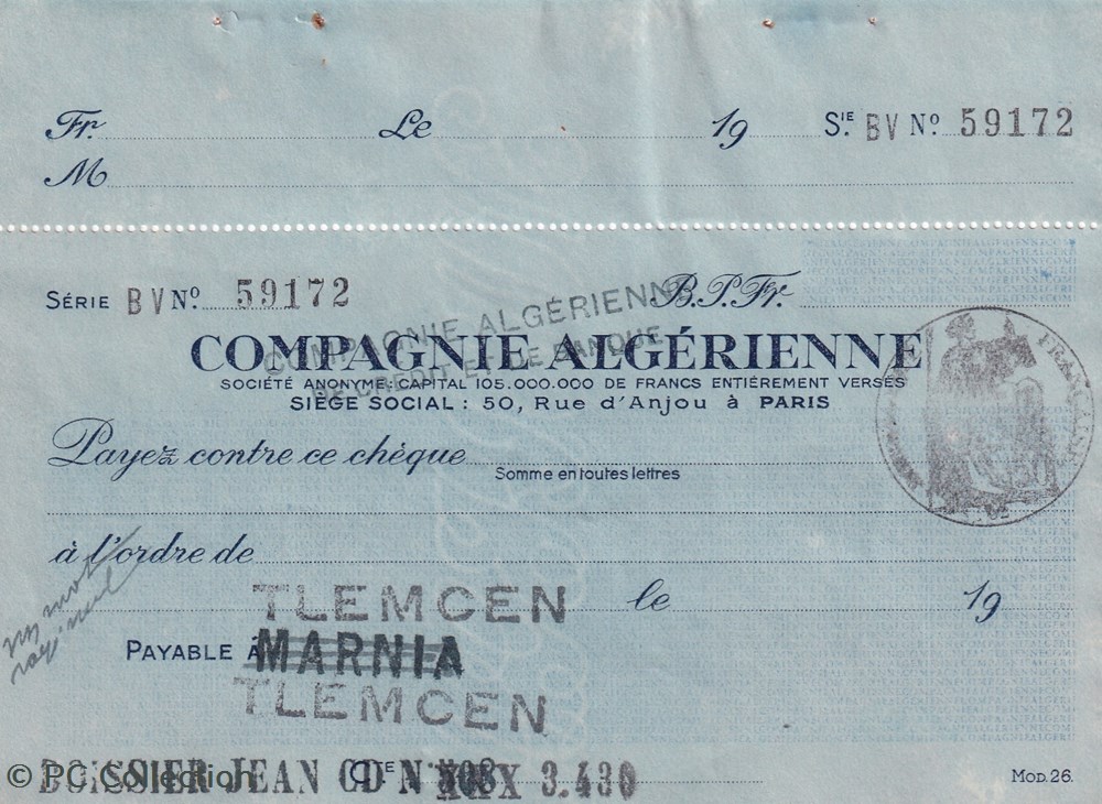 Chèque Compagnie Algérienne 1 billets afrique cheque compagnie algerienne 1