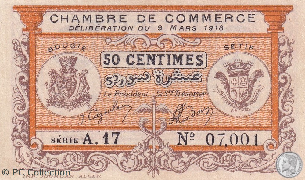 139-3- 9/3/1918 Bougie Sétif 50 cts Cdc Séries A.17 billets afrique algerie 139 3 9 3 1918 bougie setif 50 cts cdc series a 17